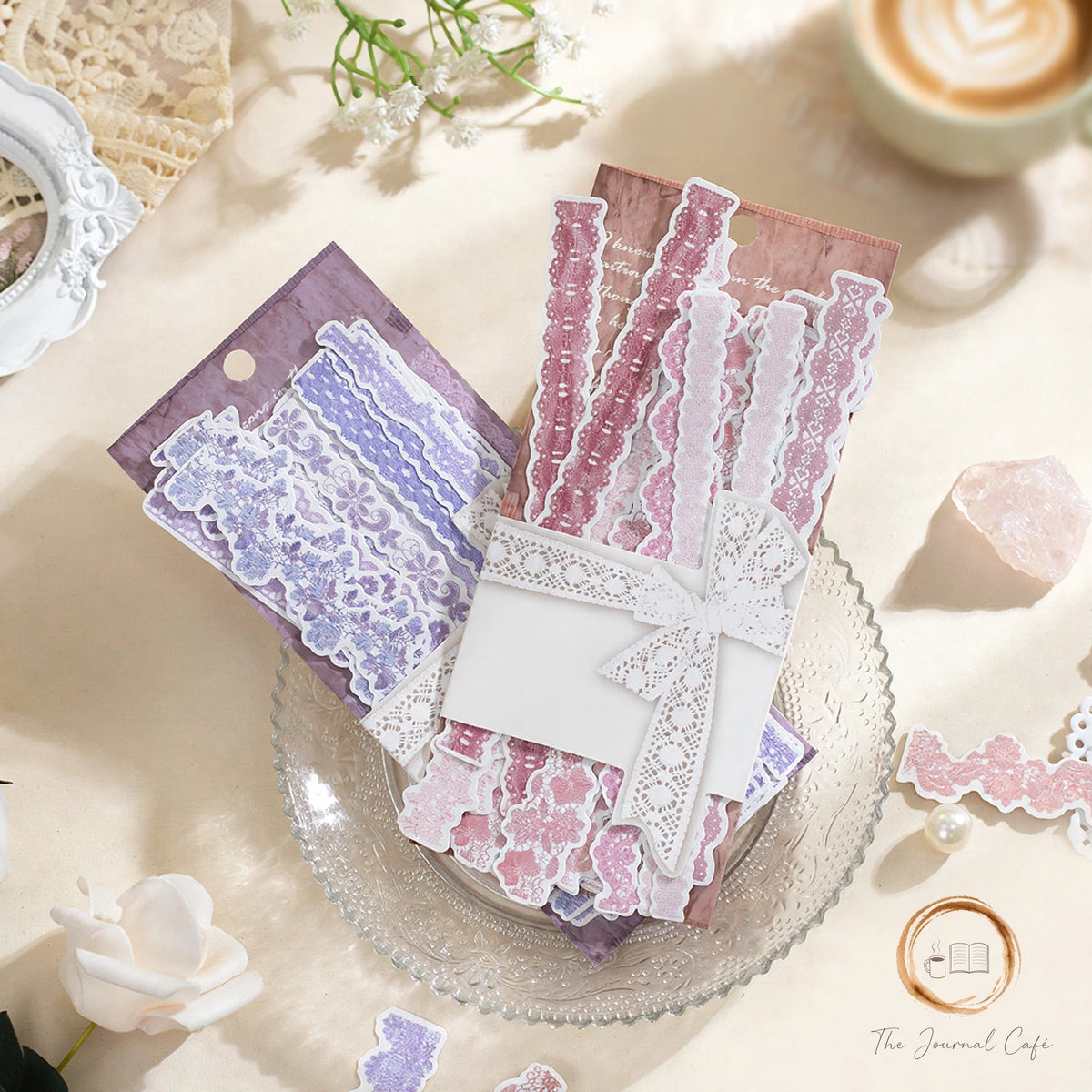 Lace Stickers — floral lace sticker sheets styled on a cream café table, The Journal Café