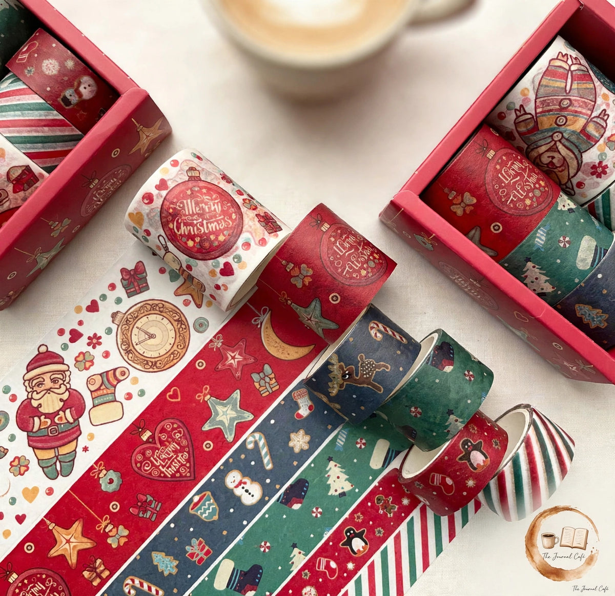Classic Christmas washi tape — product photo 2 styled on a cream café table, The Journal Café