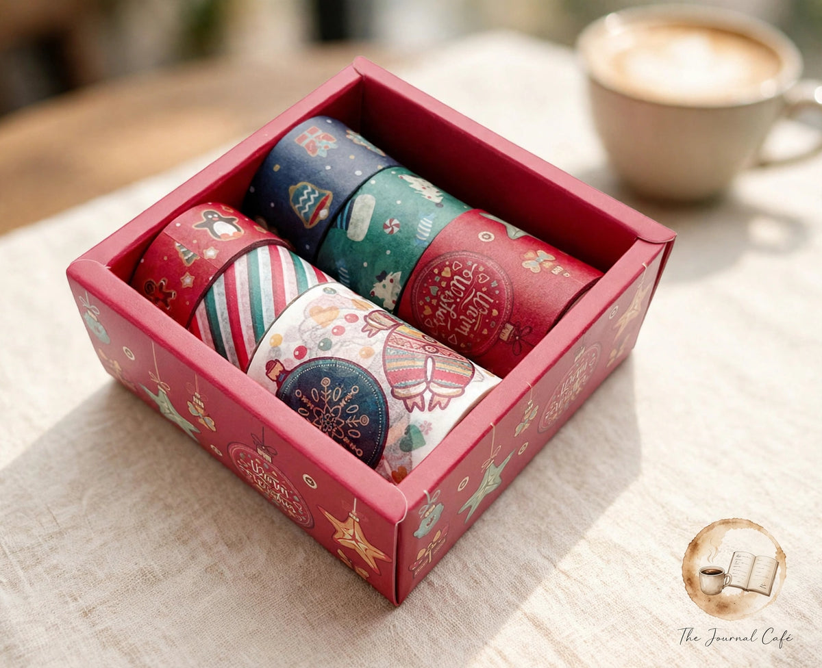 Classic Christmas washi tape — product photo 3 styled on a cream café table, The Journal Café