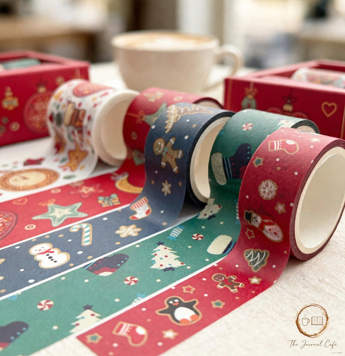 Classic Christmas washi tape — product photo 4 styled on a cream café table, The Journal Café