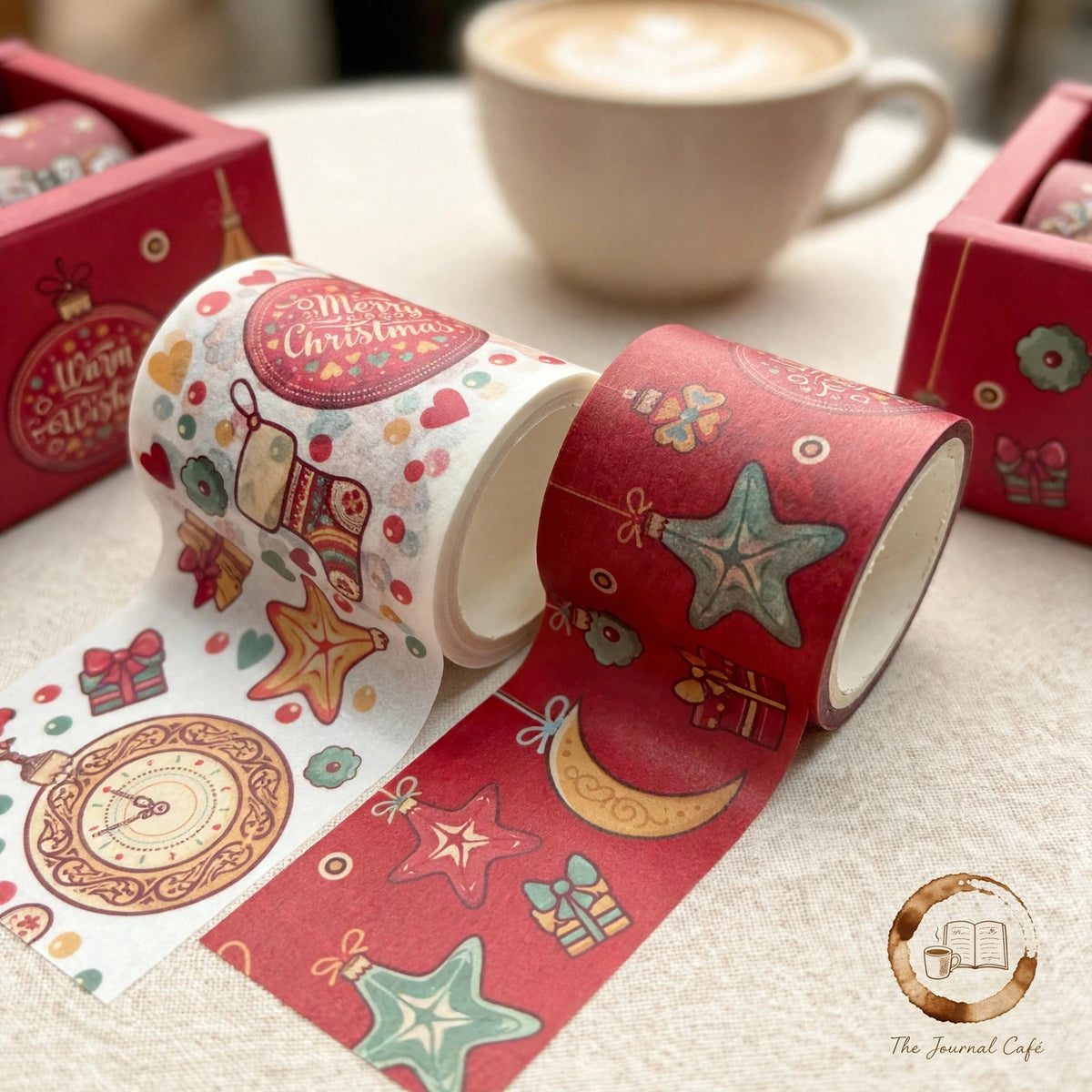 Classic Christmas washi tape — product photo 7 styled on a cream café table, The Journal Café