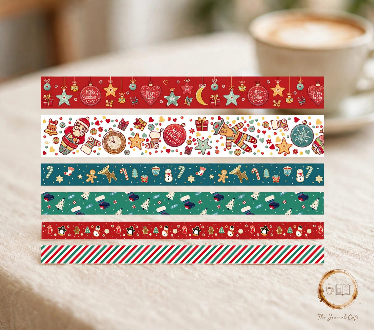 Classic Christmas washi tape — product photo 8 styled on a cream café table, The Journal Café