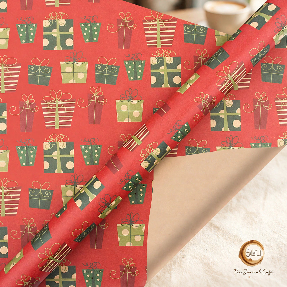 Vintage Christmas kraft wrapping paper — product photo 3 styled on a cream café table, The Journal Café