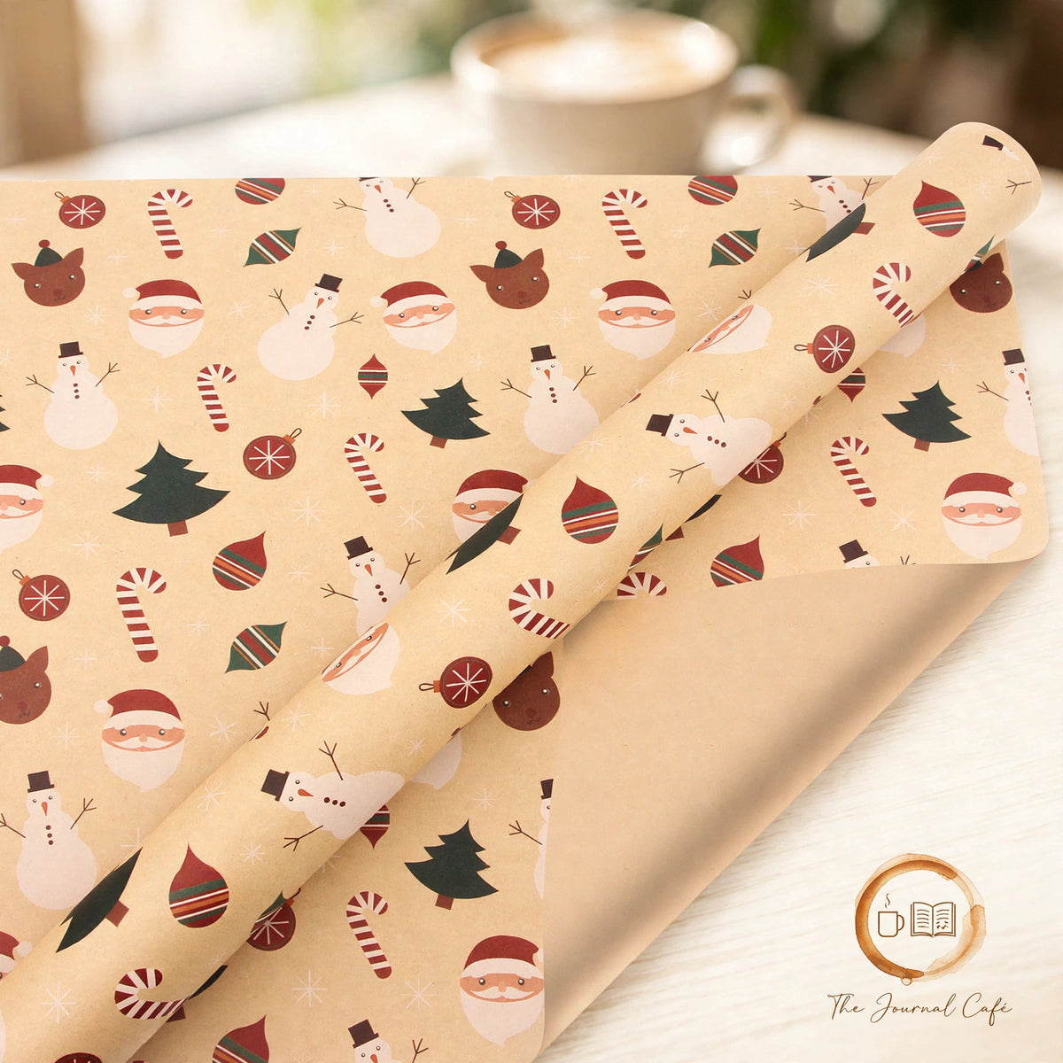 Vintage Christmas kraft wrapping paper — product photo 5 styled on a cream café table, The Journal Café