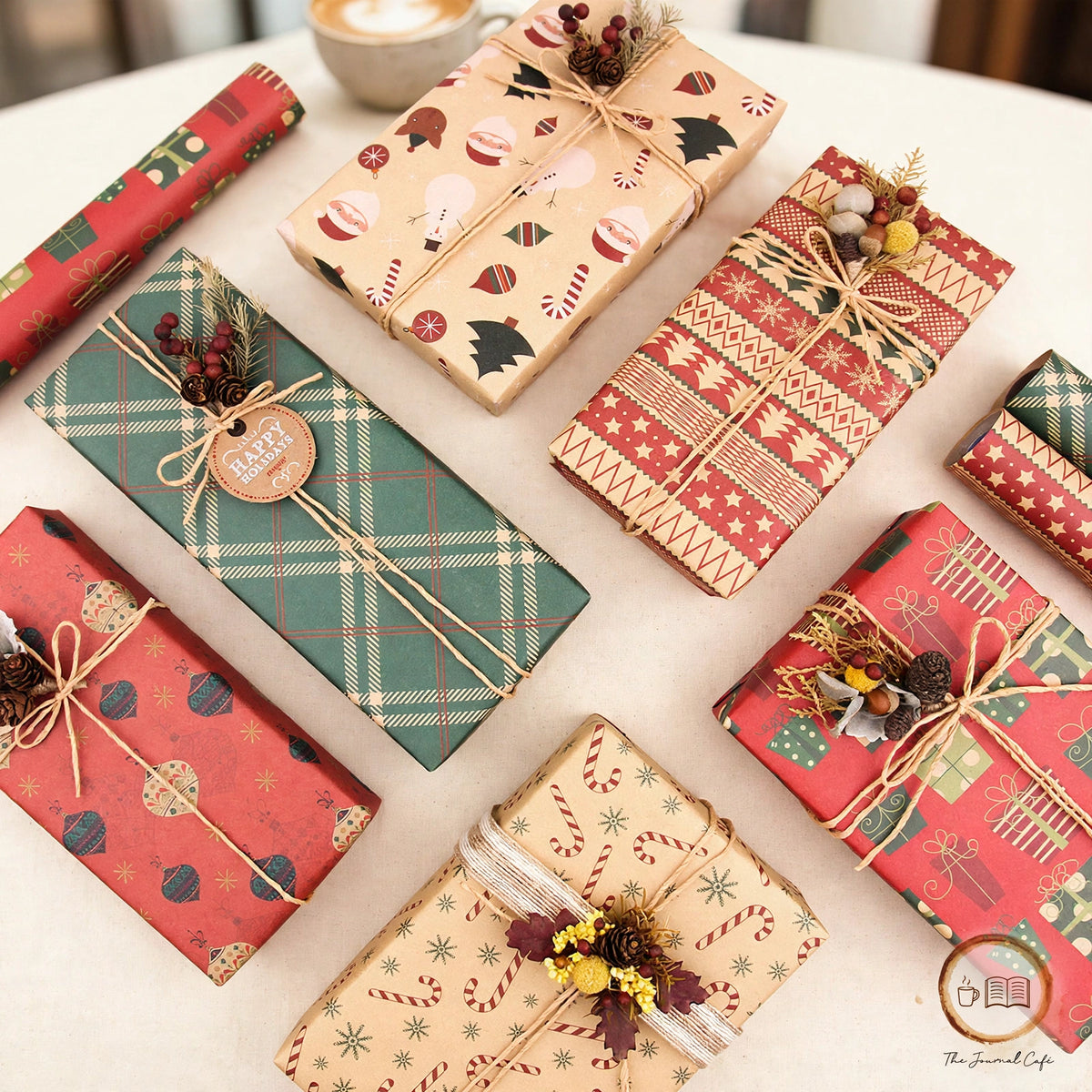 Vintage Christmas kraft wrapping paper — product photo 7 styled on a cream café table, The Journal Café