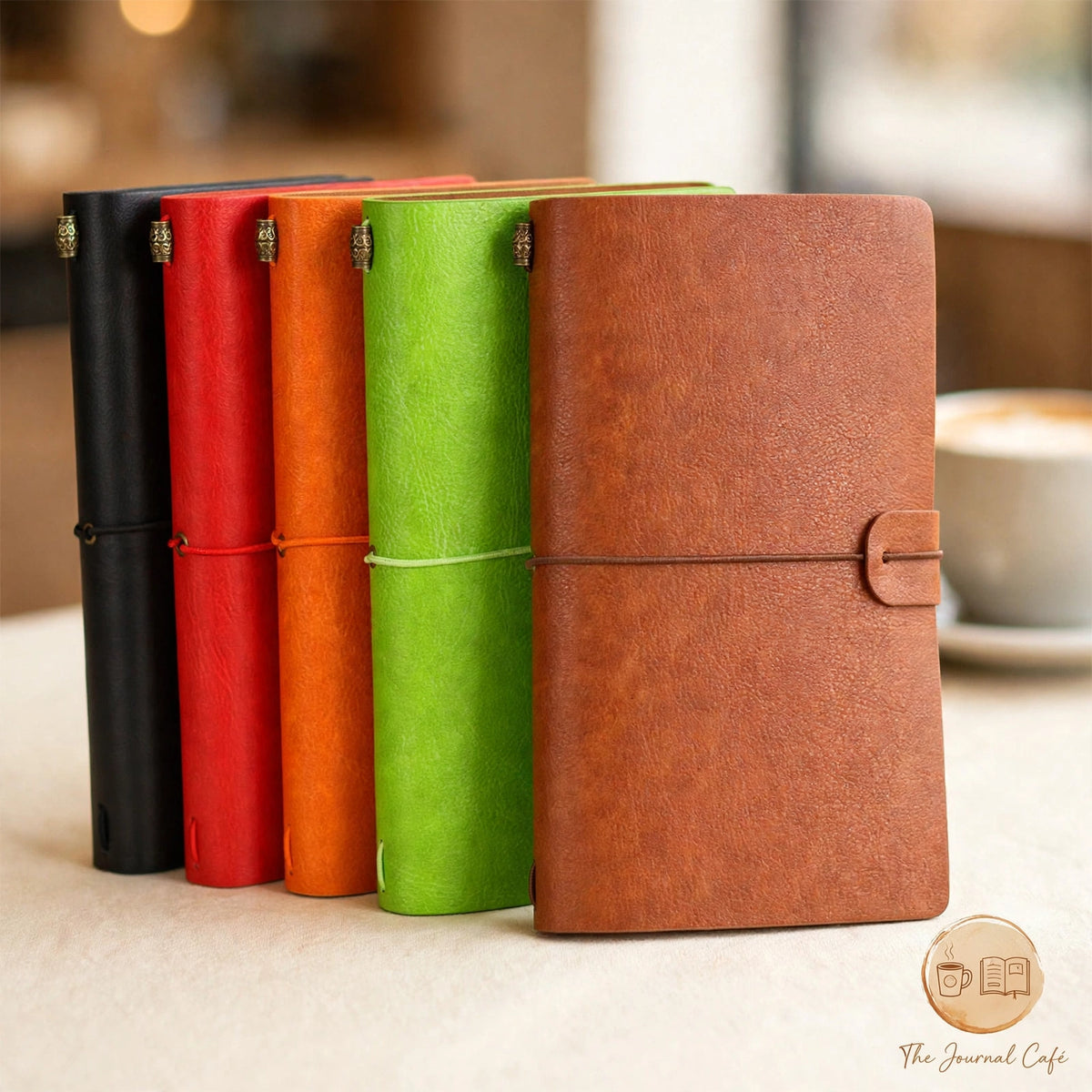 Vintage leather journal — product photo 2 styled on a cream café table, The Journal Café