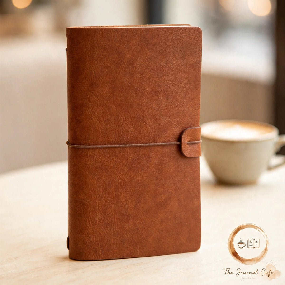 Vintage leather journal — product photo 4 styled on a cream café table, The Journal Café