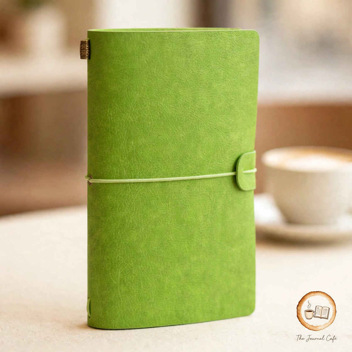 Vintage leather journal — product photo 5 styled on a cream café table, The Journal Café