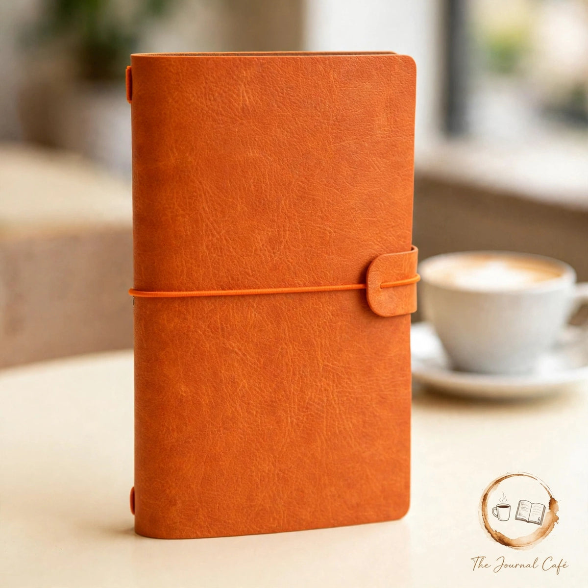 Vintage leather journal — product photo 6 styled on a cream café table, The Journal Café