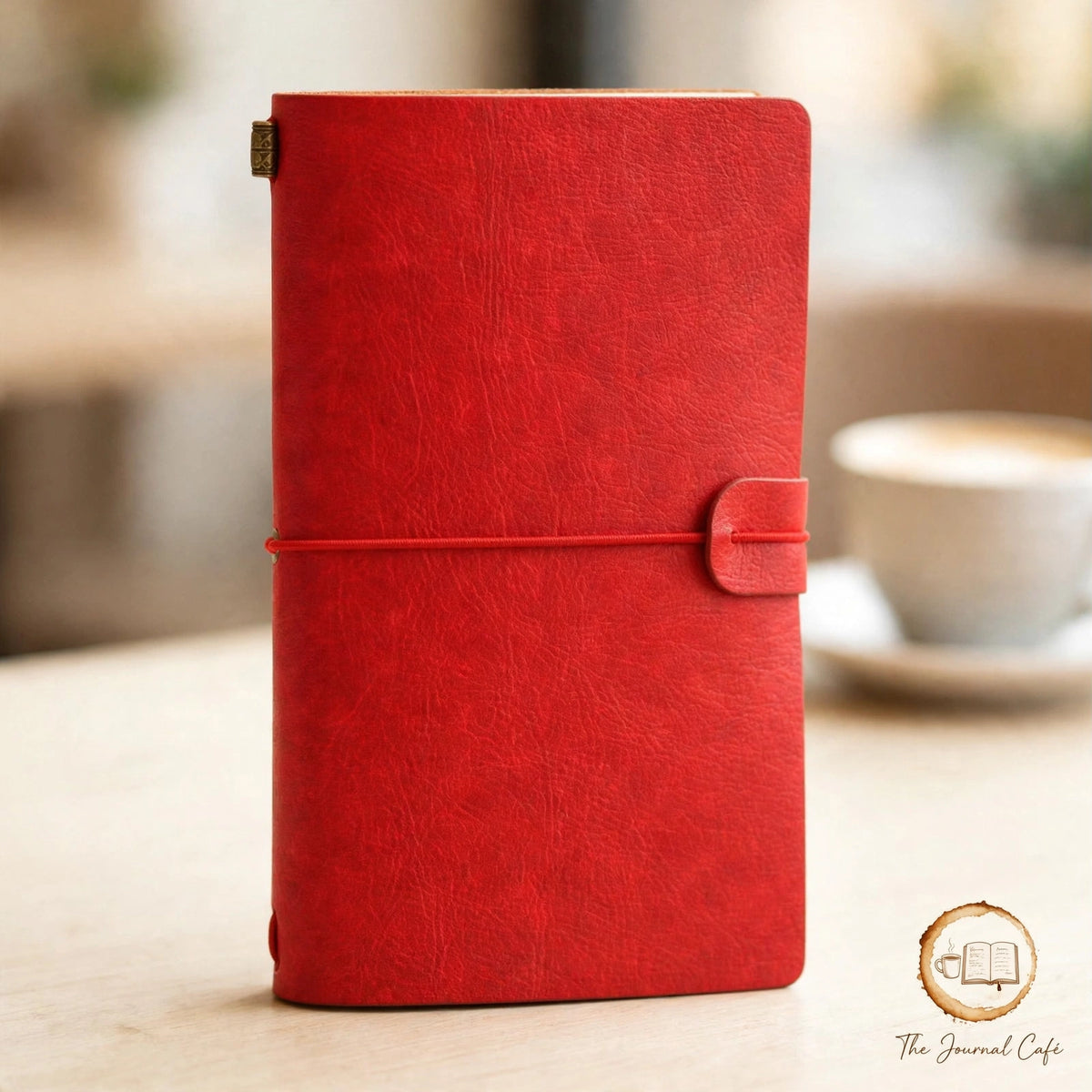 Vintage leather journal — product photo 7 styled on a cream café table, The Journal Café