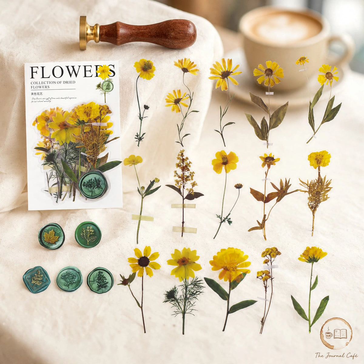 Dried flowers sticker pack — product photo 11 styled on a cream café table, The Journal Café