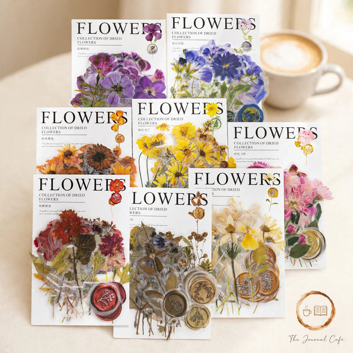 Dried flowers sticker pack — product photo 3 styled on a cream café table, The Journal Café