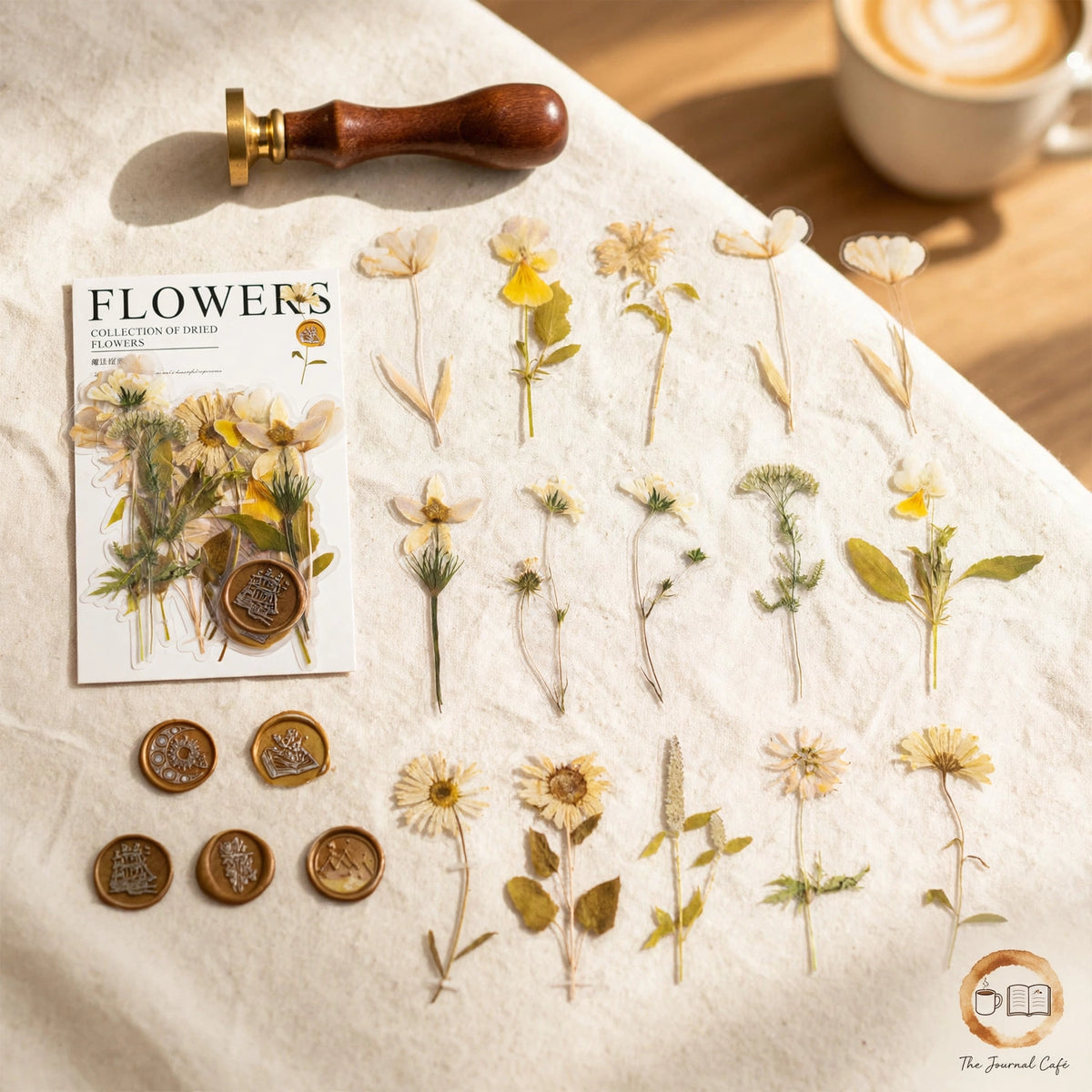 Dried flowers sticker pack — product photo 6 styled on a cream café table, The Journal Café