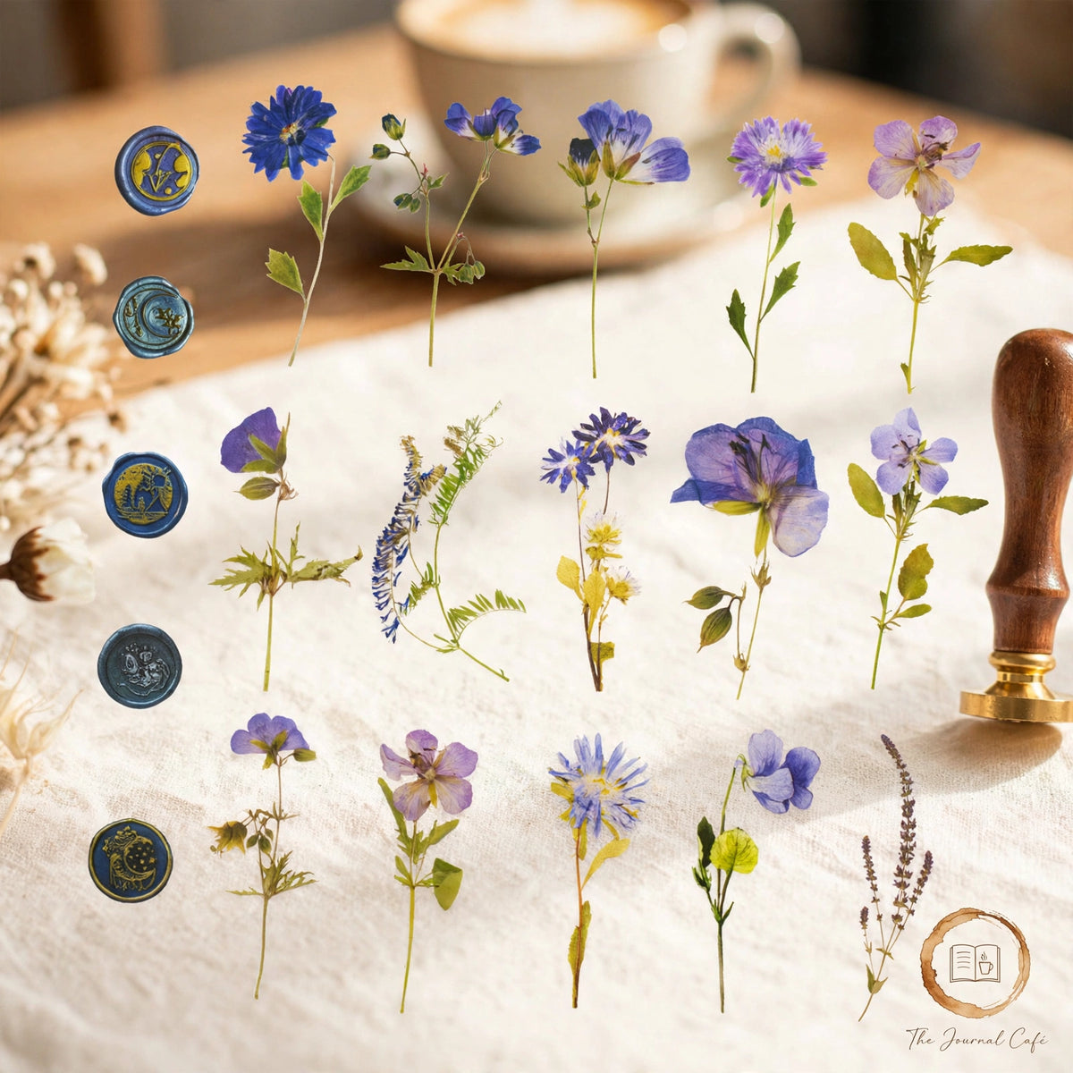Dried flowers sticker pack — product photo 7 styled on a cream café table, The Journal Café