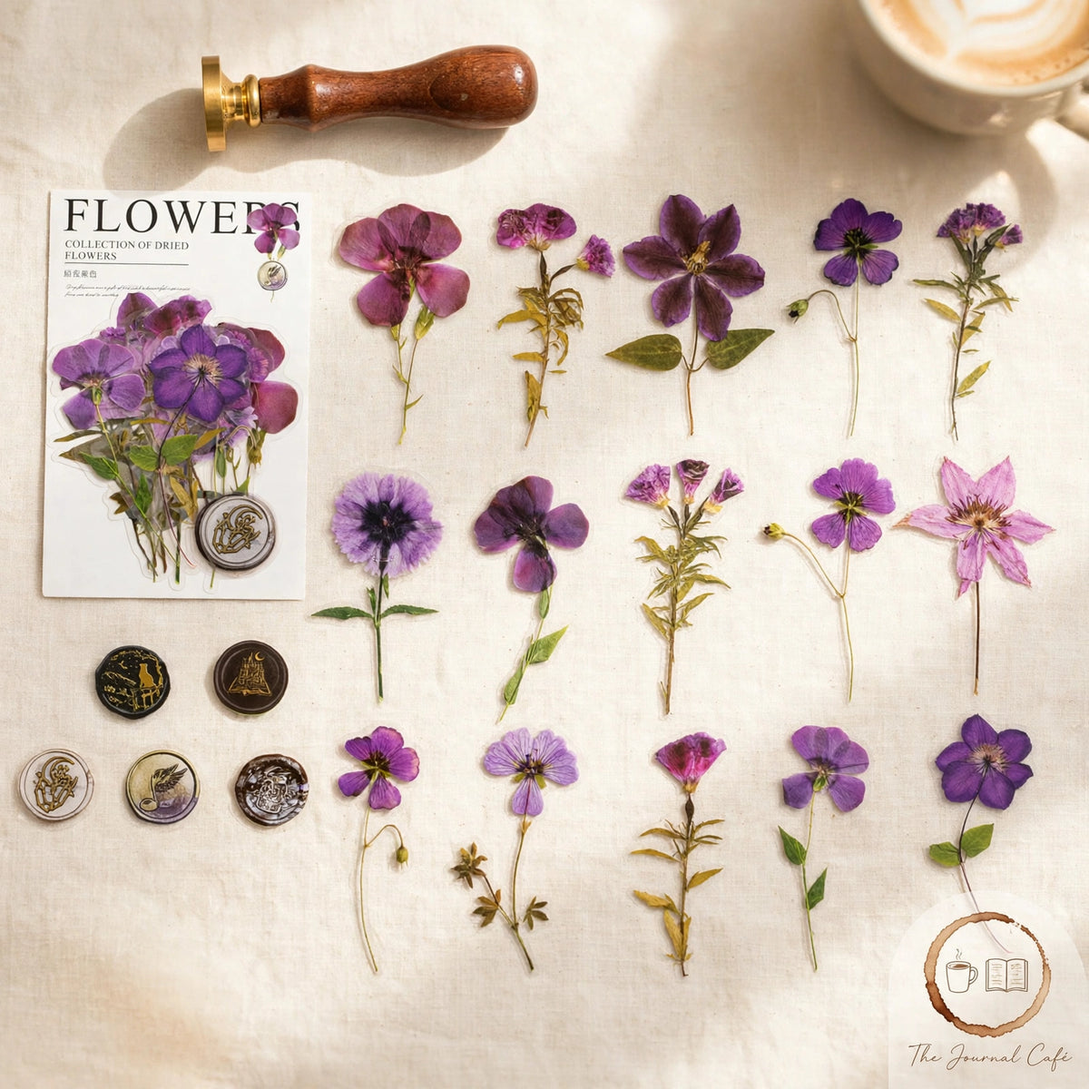 Dried flowers sticker pack — product photo 9 styled on a cream café table, The Journal Café
