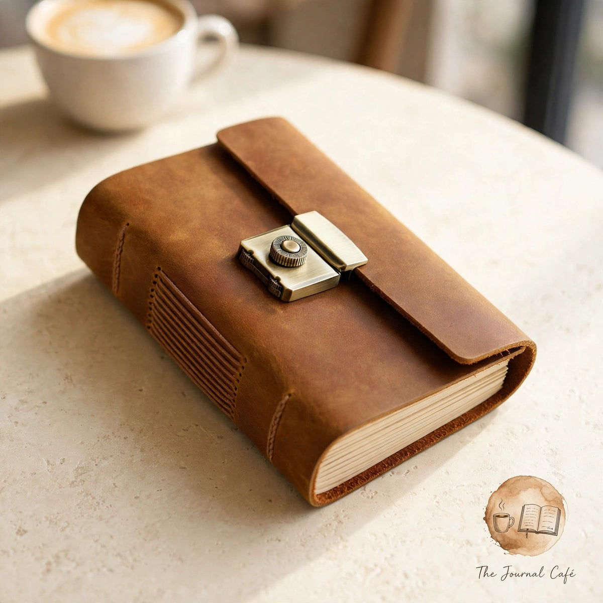 Vintage notebook — product photo 5 styled on a cream café table, The Journal Café
