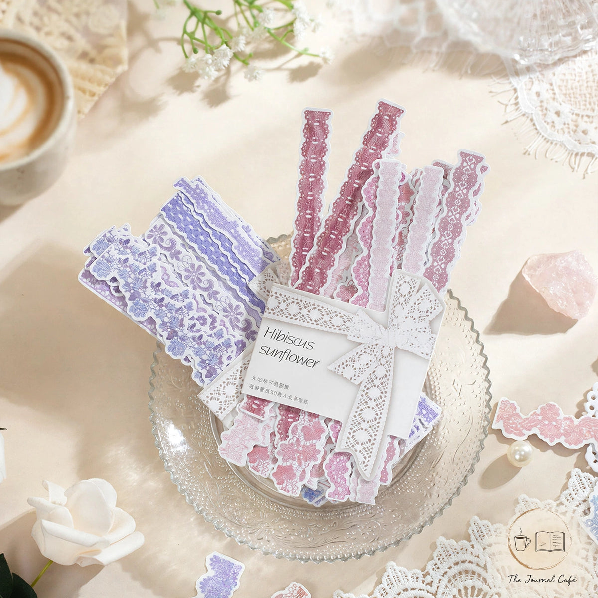 Floral lace stickers — product photo 2 styled on a cream café table, The Journal Café