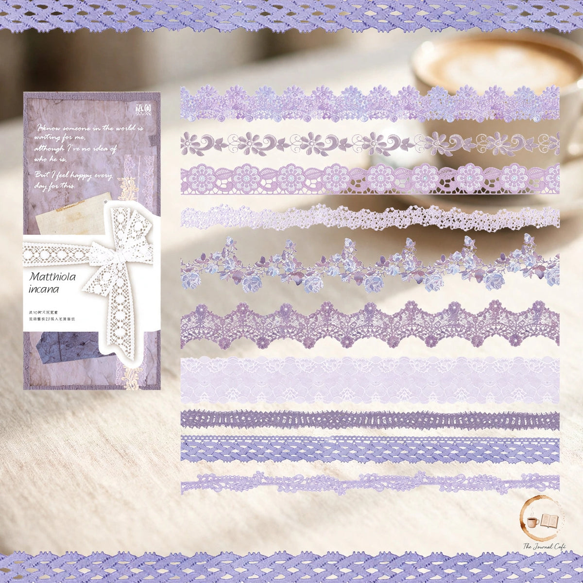 Floral lace stickers — product photo 3 styled on a cream café table, The Journal Café