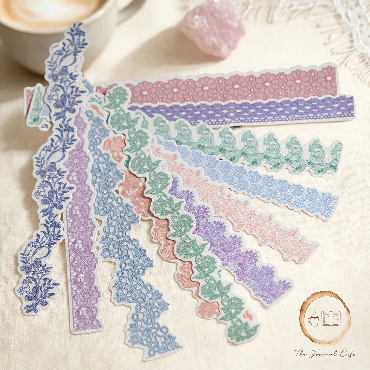 Floral lace stickers — product photo 7 styled on a cream café table, The Journal Café