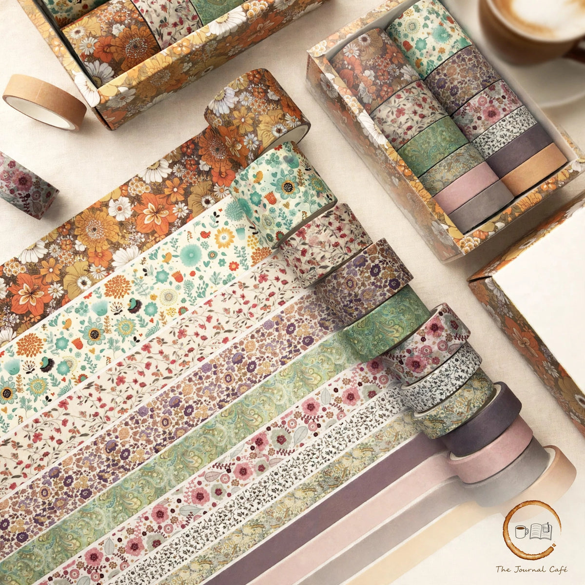 Antique washi tape set — product photo 5 styled on a cream café table, The Journal Café