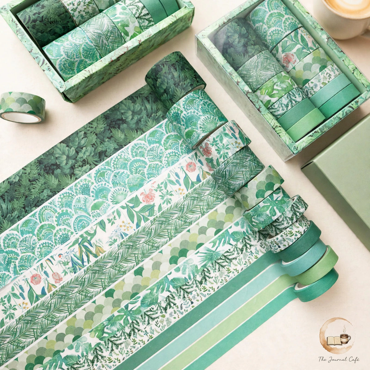 Antique washi tape set — product photo 7 styled on a cream café table, The Journal Café