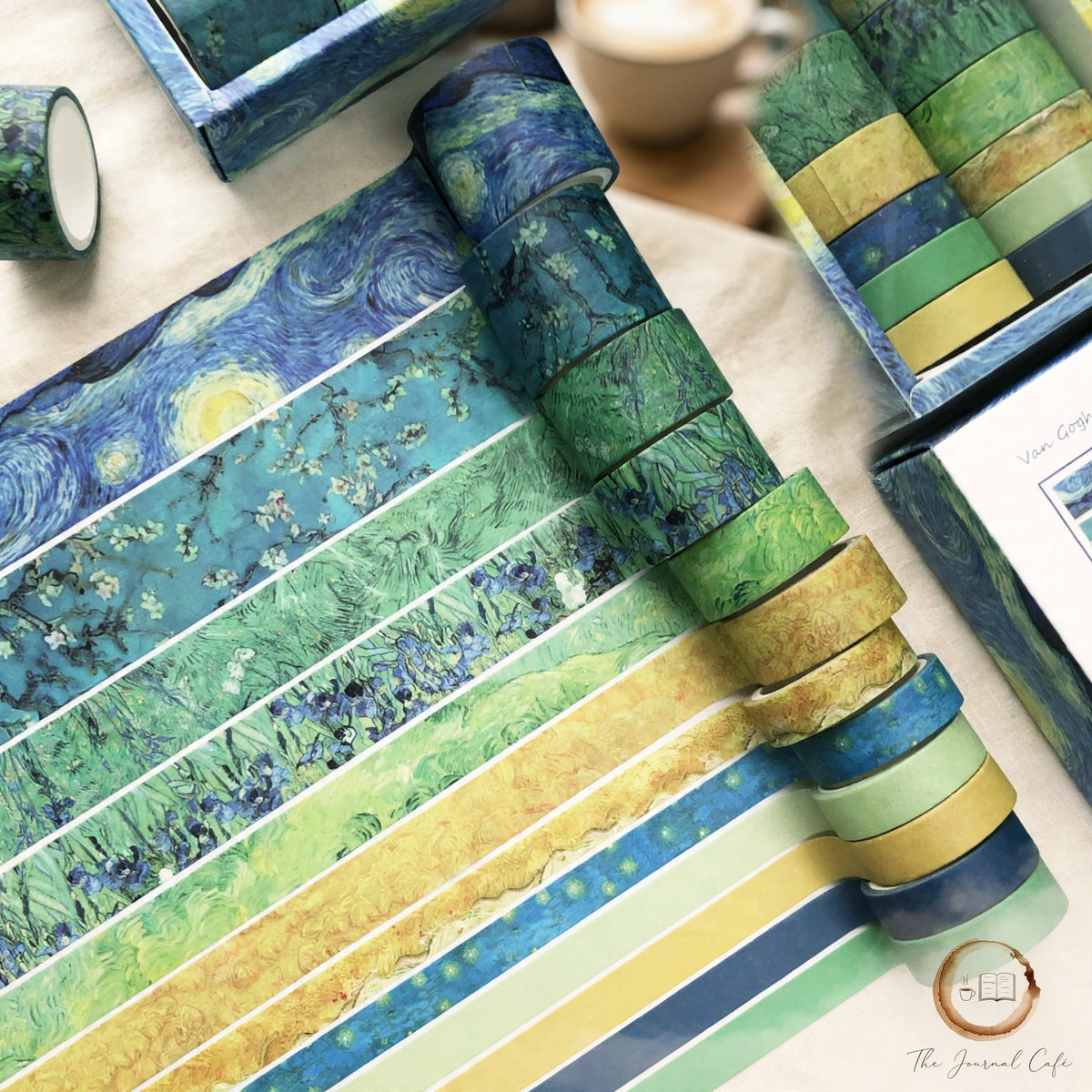 Antique washi tape set — product photo 8 styled on a cream café table, The Journal Café