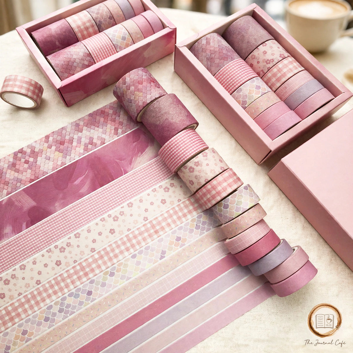 Antique washi tape set — product photo 9 styled on a cream café table, The Journal Café