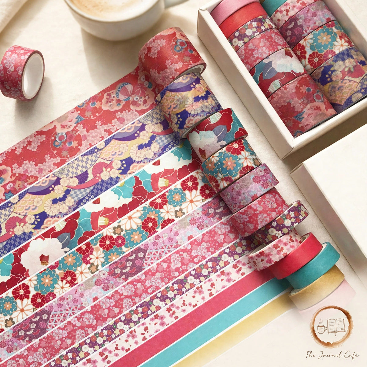 Antique washi tape set — product photo 10 styled on a cream café table, The Journal Café
