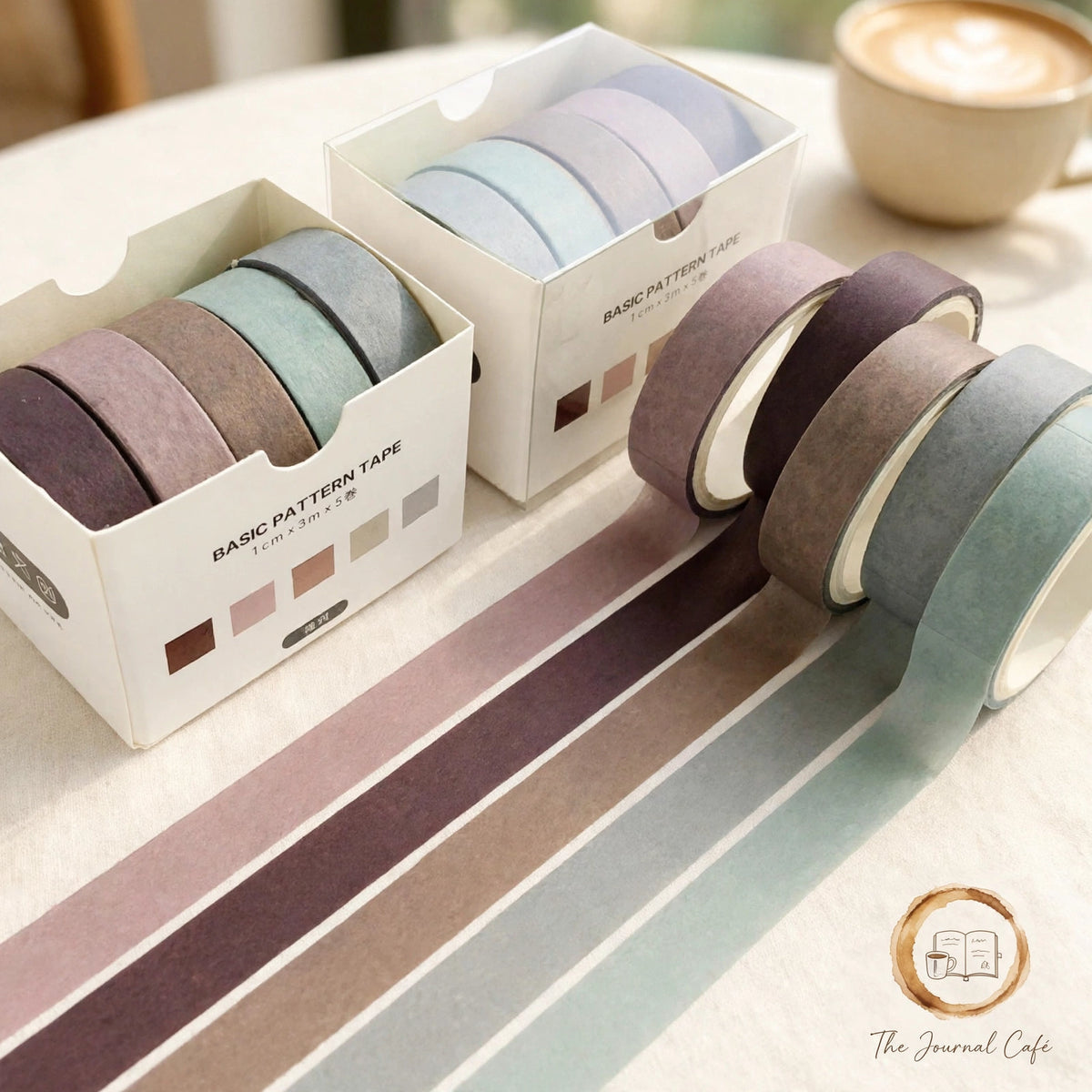 Pastel washi tape set — product photo 2 styled on a cream café table, The Journal Café