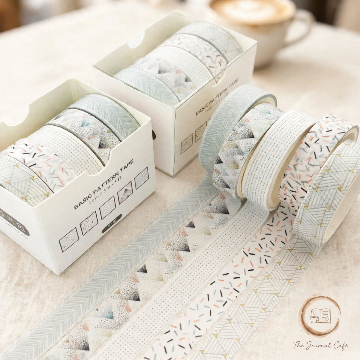 Pastel washi tape set — product photo 11 styled on a cream café table, The Journal Café