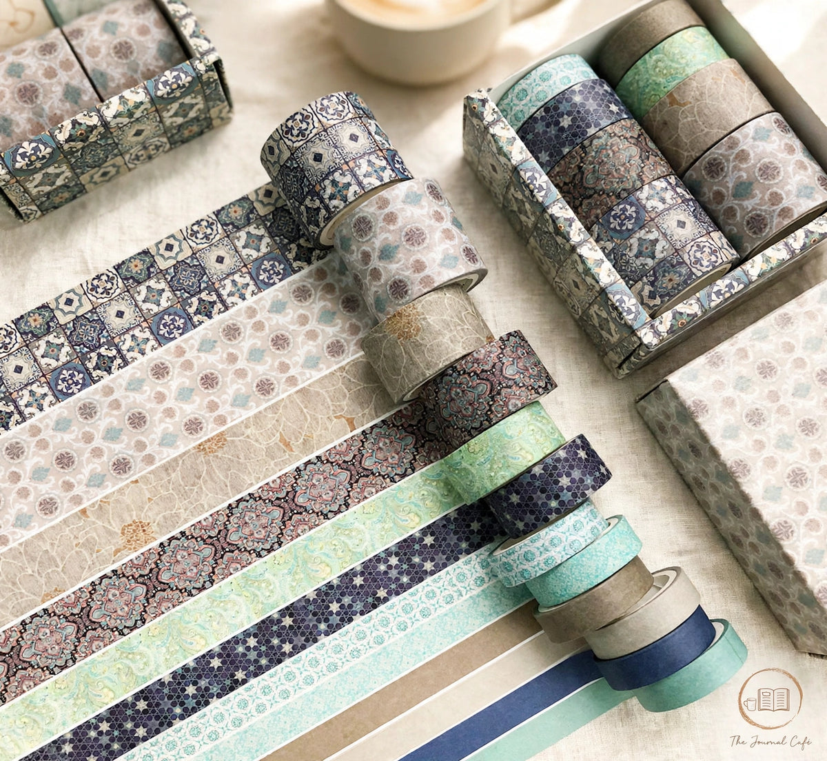 Pastel washi tape set — product photo 12 styled on a cream café table, The Journal Café