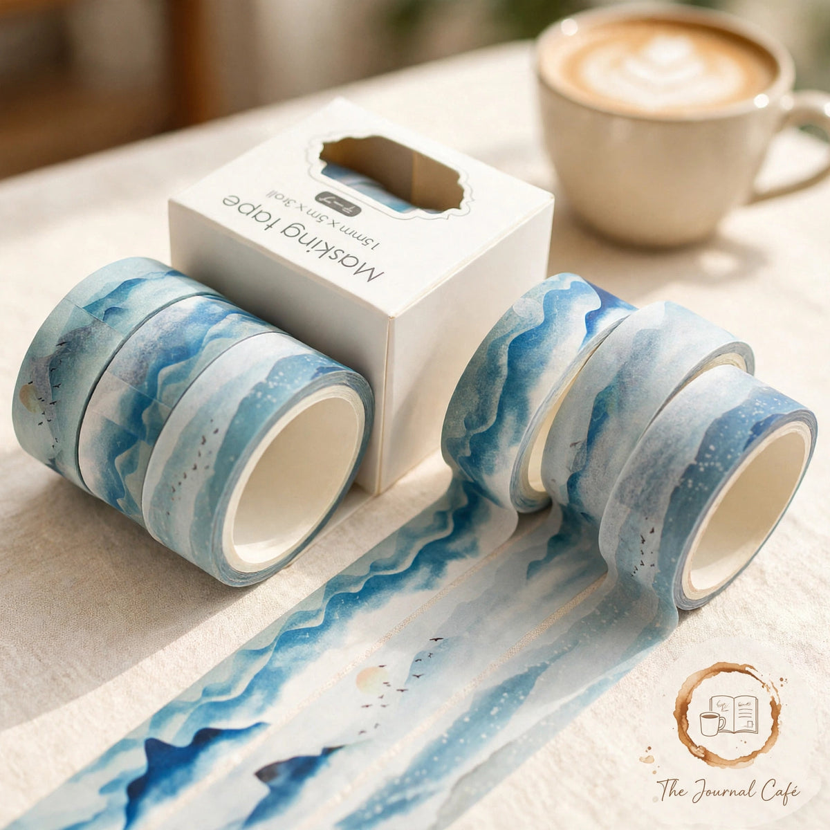 Pastel washi tape set — product photo 13 styled on a cream café table, The Journal Café