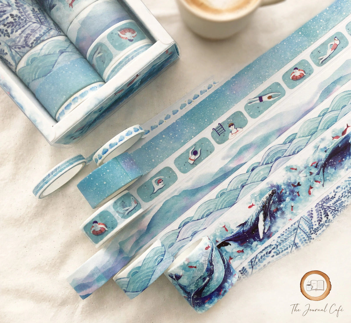 Pastel washi tape set — product photo 14 styled on a cream café table, The Journal Café