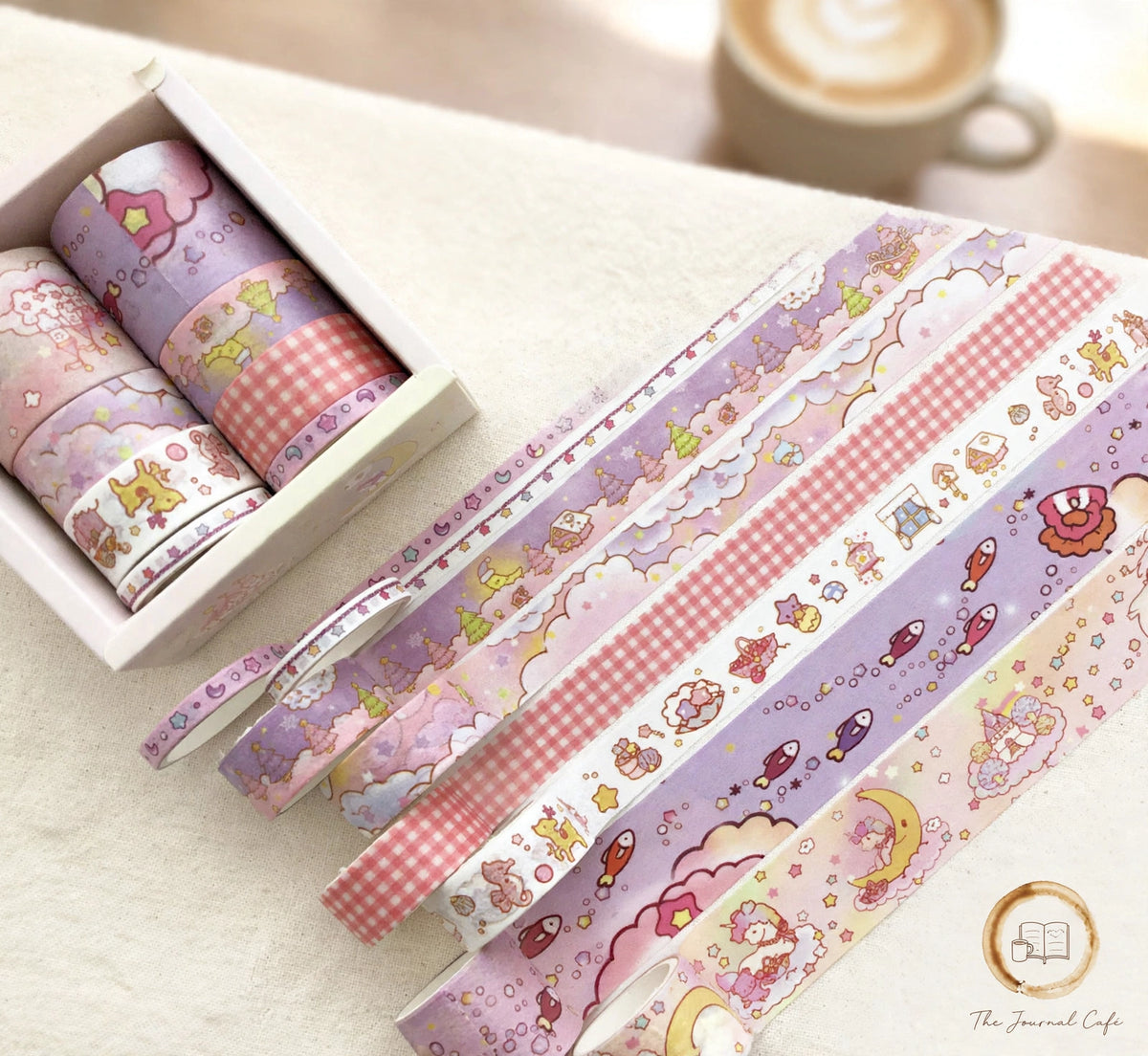 Pastel washi tape set — product photo 15 styled on a cream café table, The Journal Café