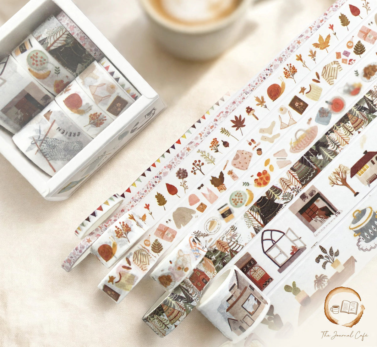 Pastel washi tape set — product photo 16 styled on a cream café table, The Journal Café