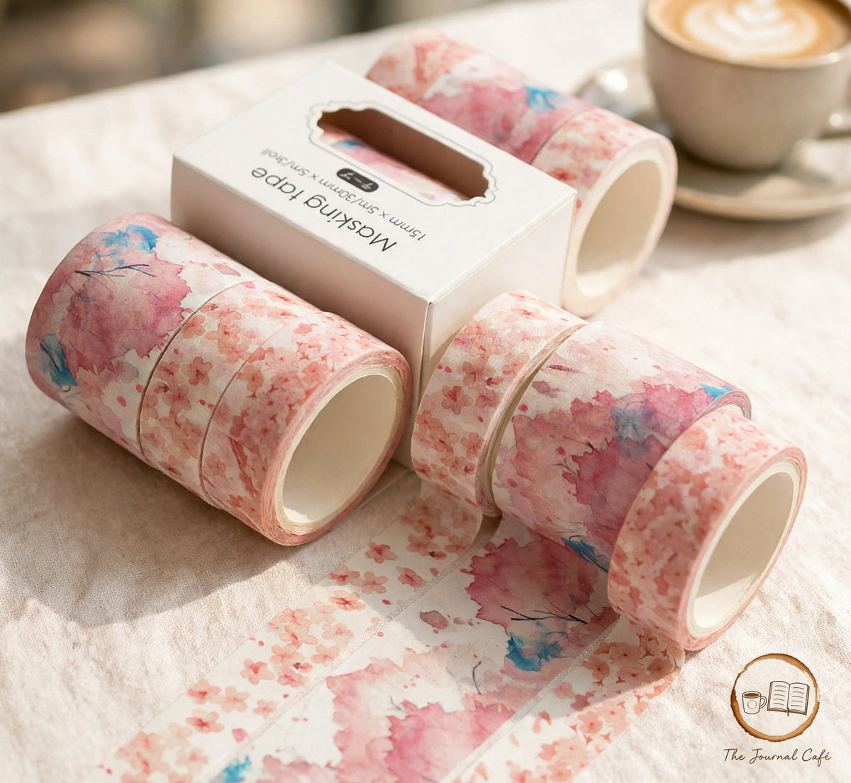 Pastel washi tape set — product photo 17 styled on a cream café table, The Journal Café