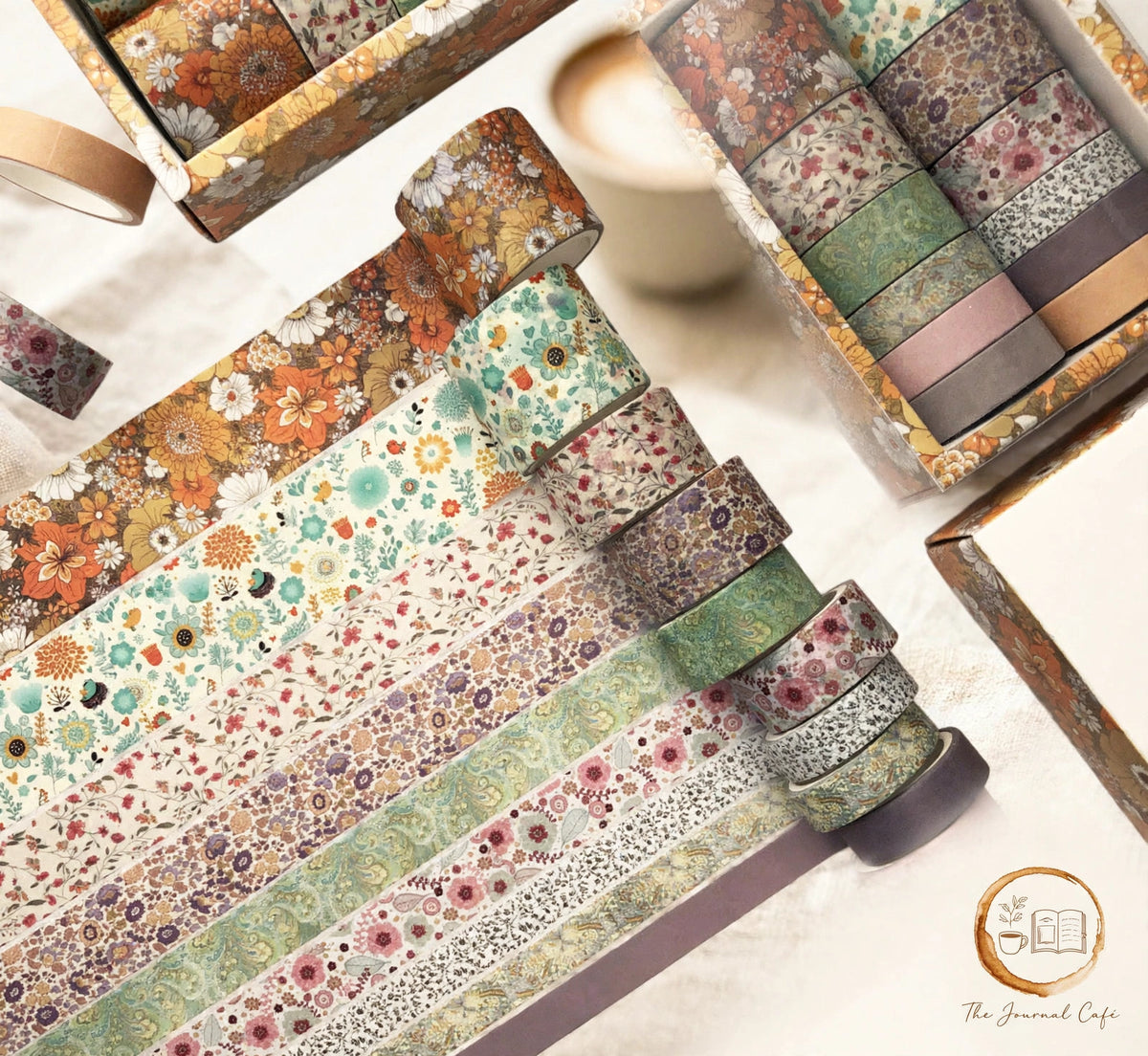 Pastel washi tape set — product photo 18 styled on a cream café table, The Journal Café