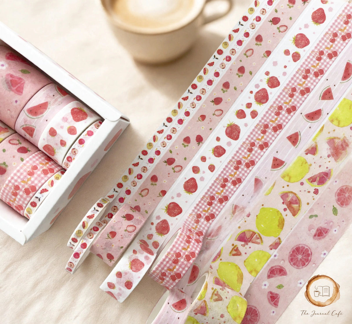 Pastel washi tape set — product photo 19 styled on a cream café table, The Journal Café