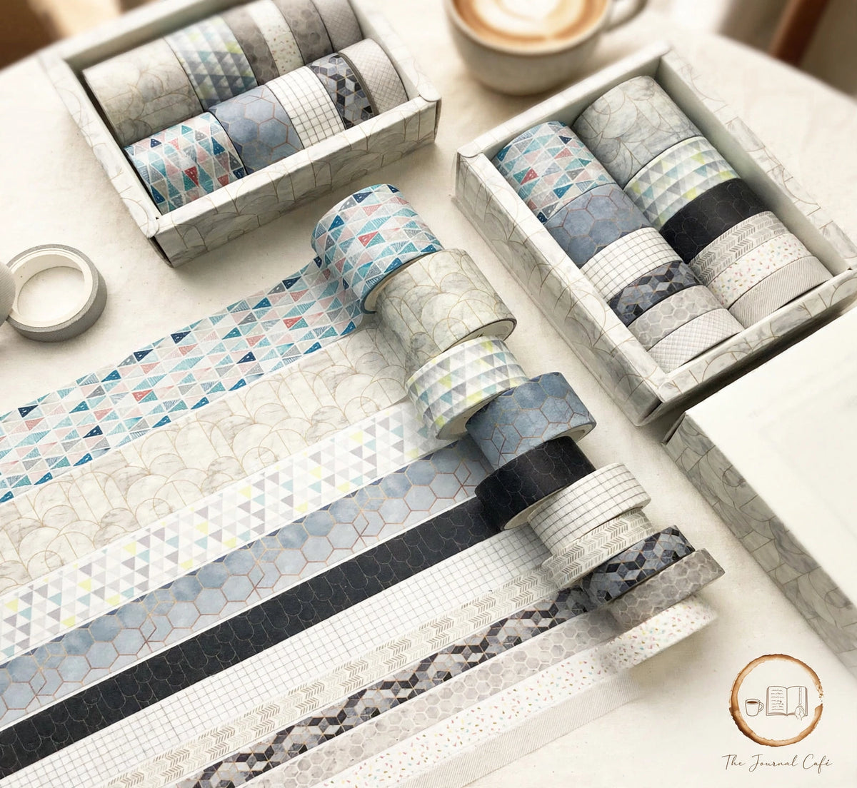 Pastel washi tape set — product photo 20 styled on a cream café table, The Journal Café