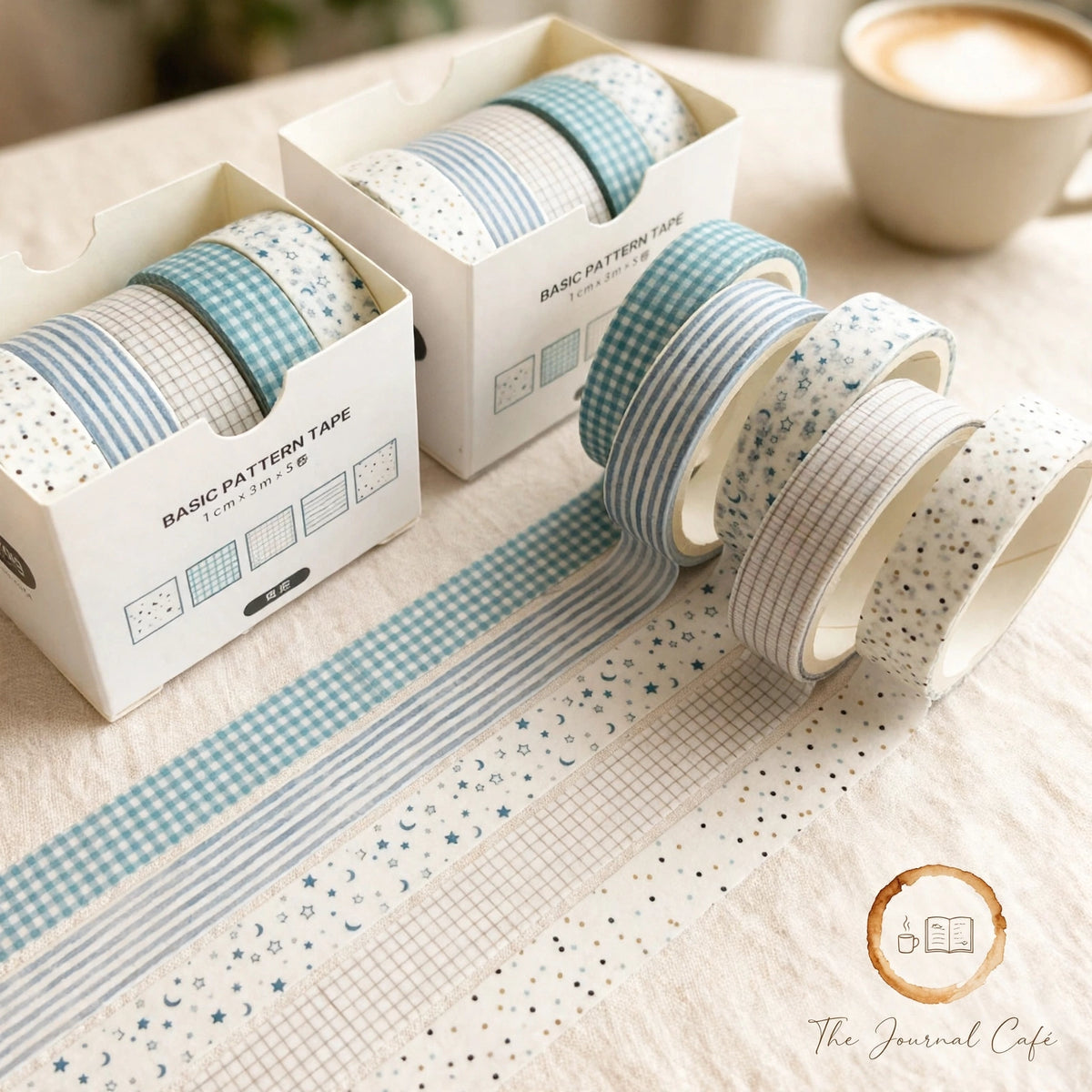 Pastel washi tape set — product photo 3 styled on a cream café table, The Journal Café