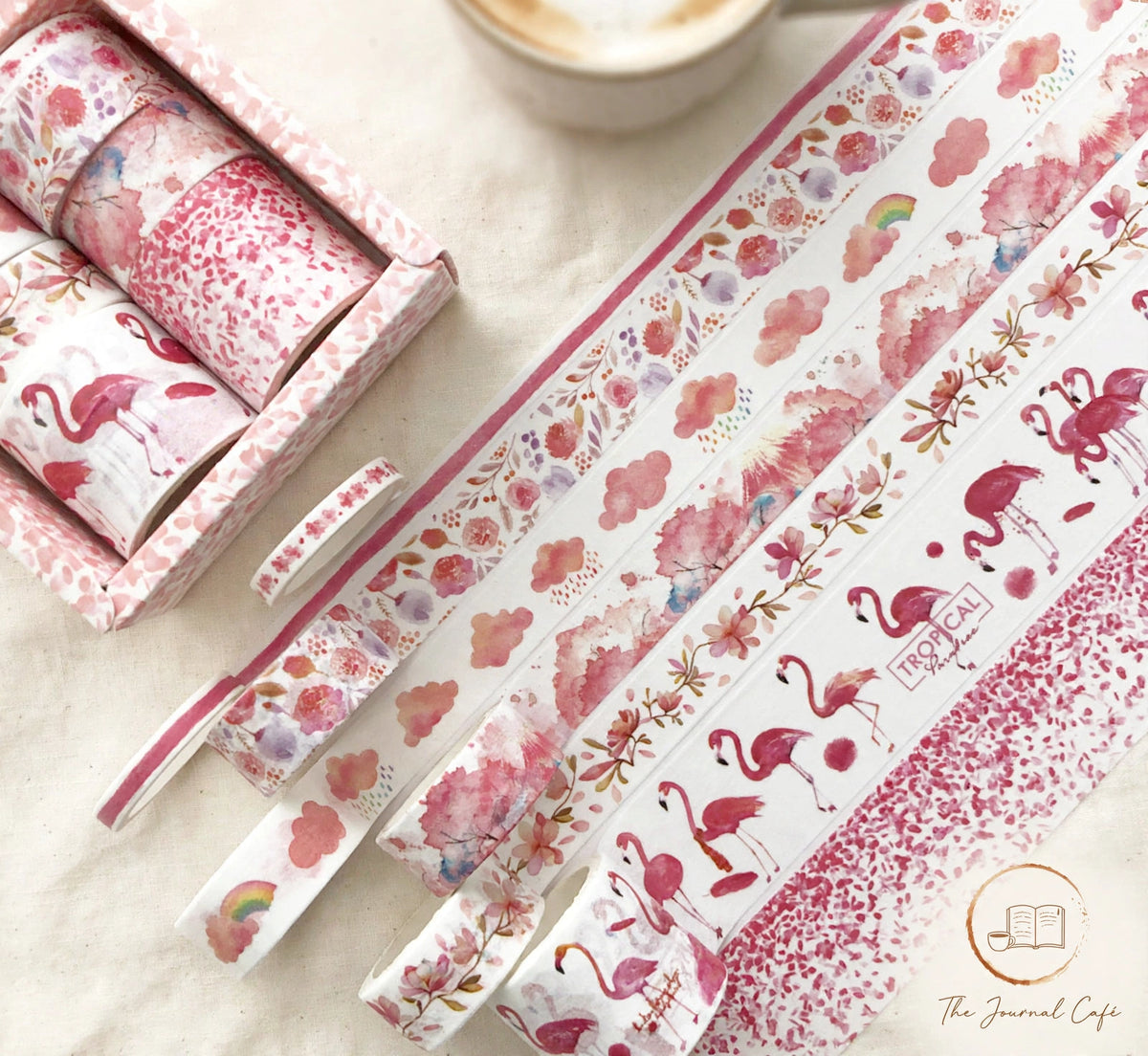 Pastel washi tape set — product photo 21 styled on a cream café table, The Journal Café