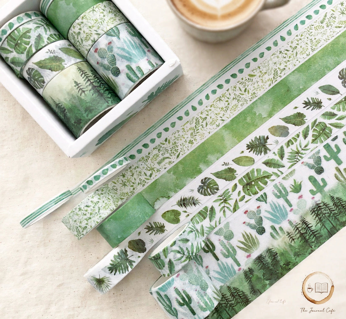 Pastel washi tape set — product photo 22 styled on a cream café table, The Journal Café