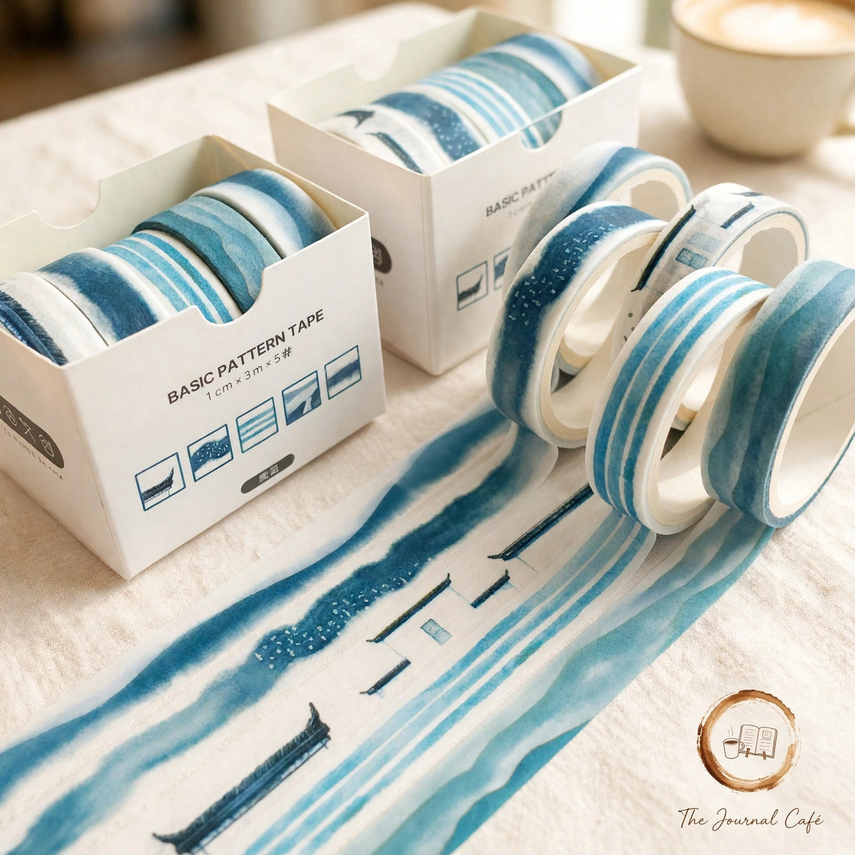 Pastel washi tape set — product photo 23 styled on a cream café table, The Journal Café