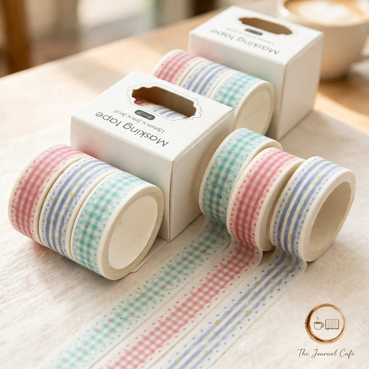Pastel washi tape set — product photo 24 styled on a cream café table, The Journal Café