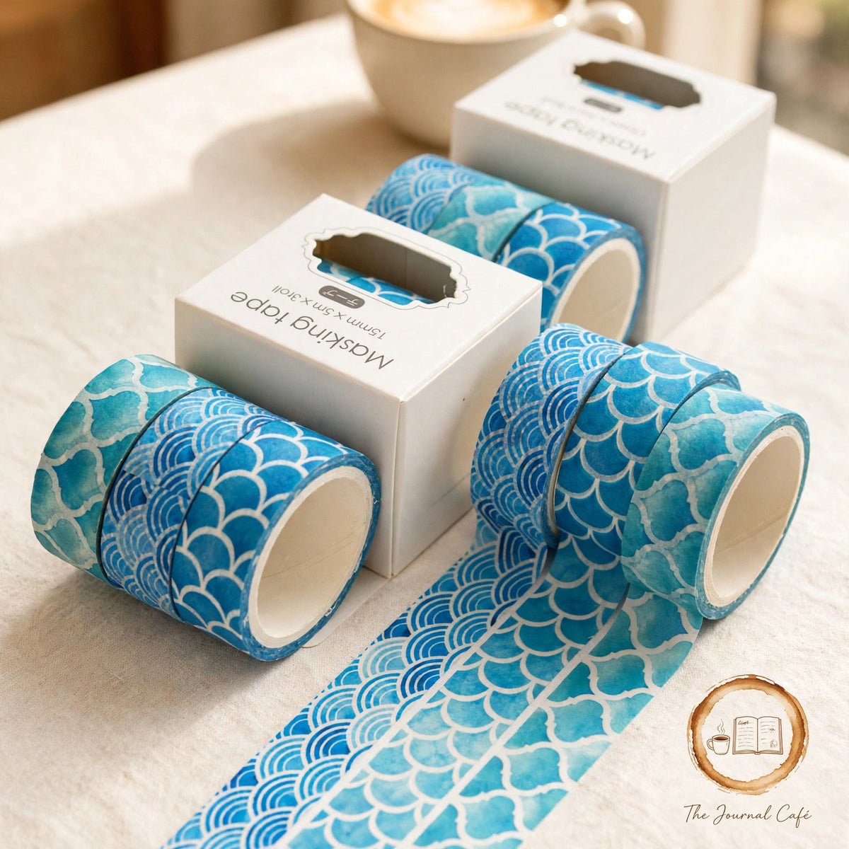 Pastel washi tape set — product photo 25 styled on a cream café table, The Journal Café