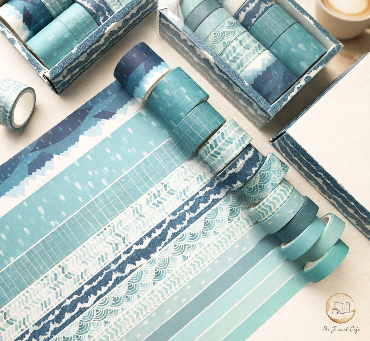 Pastel washi tape set — product photo 26 styled on a cream café table, The Journal Café