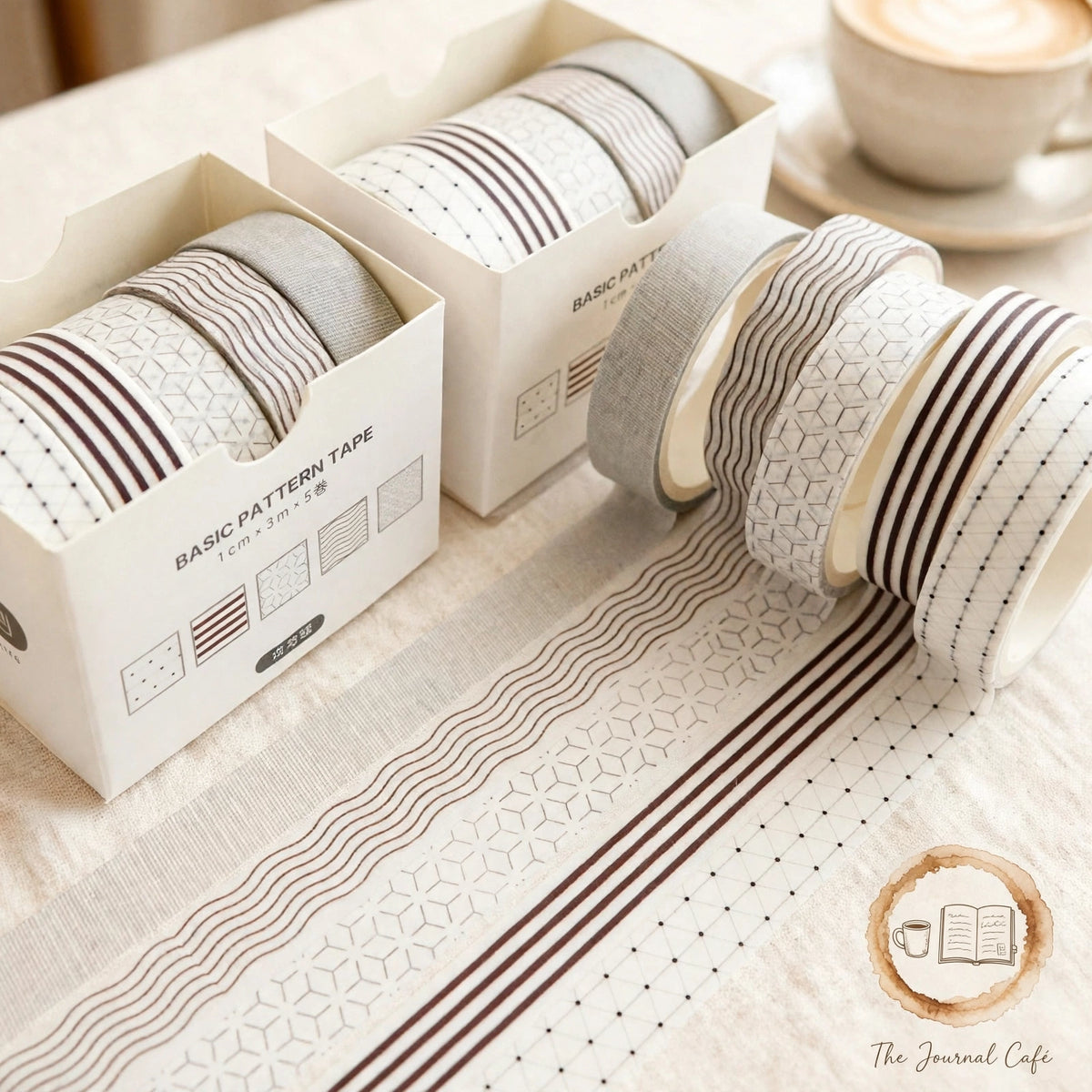 Pastel washi tape set — product photo 27 styled on a cream café table, The Journal Café