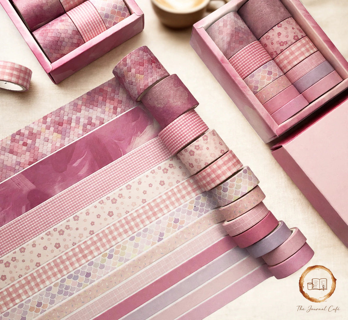 Pastel washi tape set — product photo 28 styled on a cream café table, The Journal Café