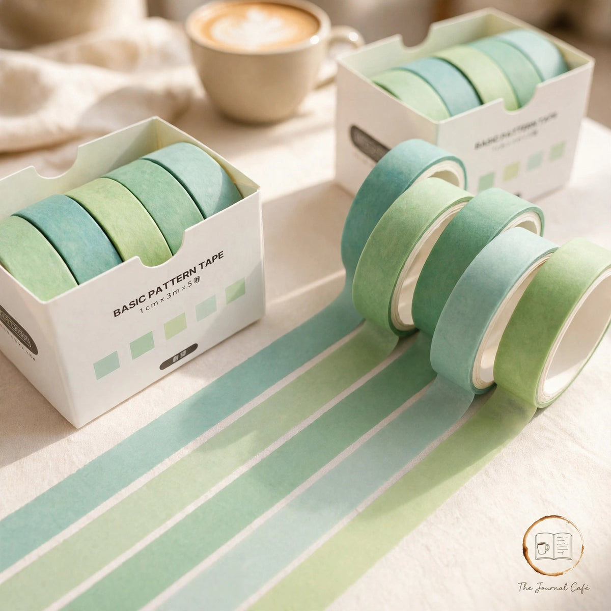Pastel washi tape set — product photo 29 styled on a cream café table, The Journal Café