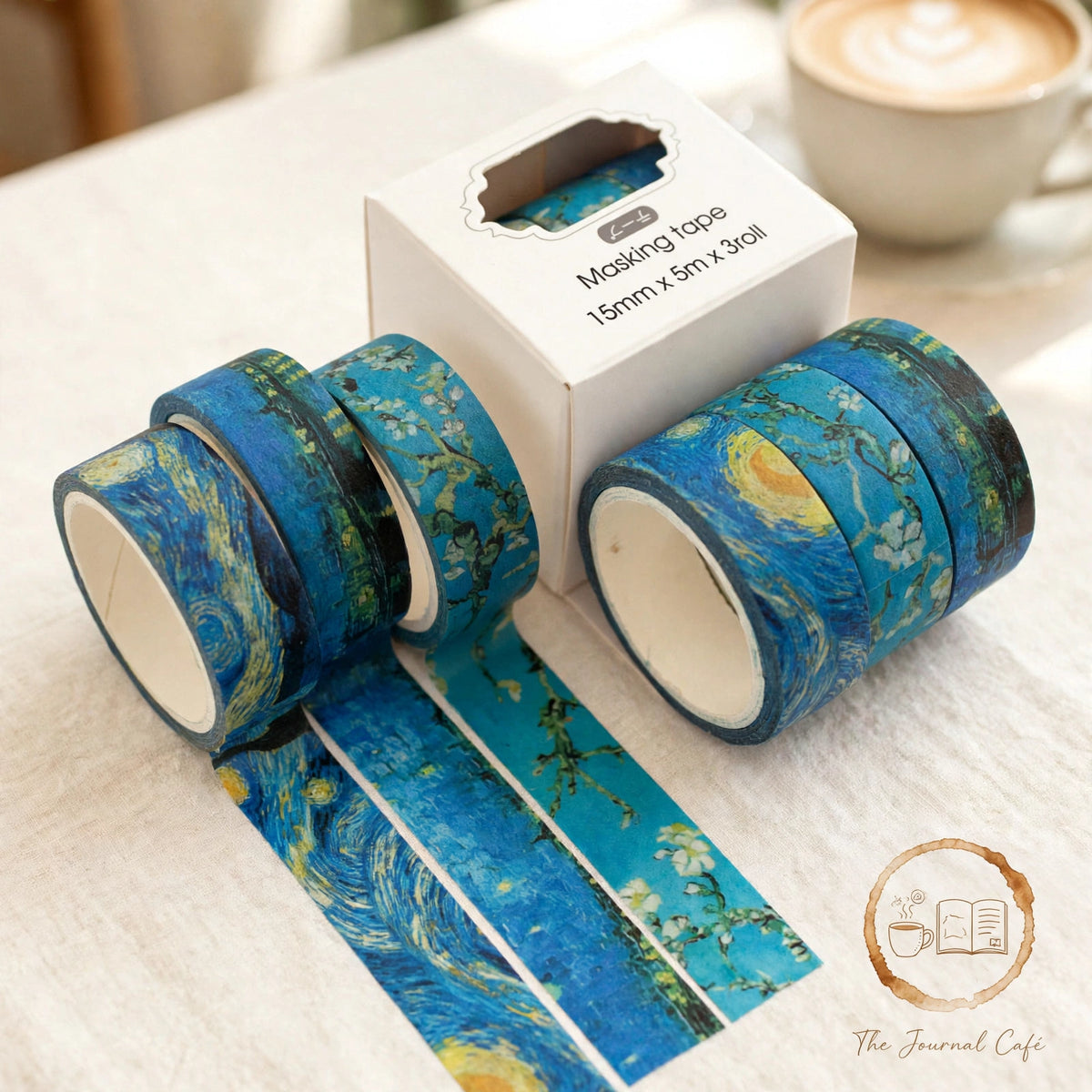 Pastel washi tape set — product photo 30 styled on a cream café table, The Journal Café